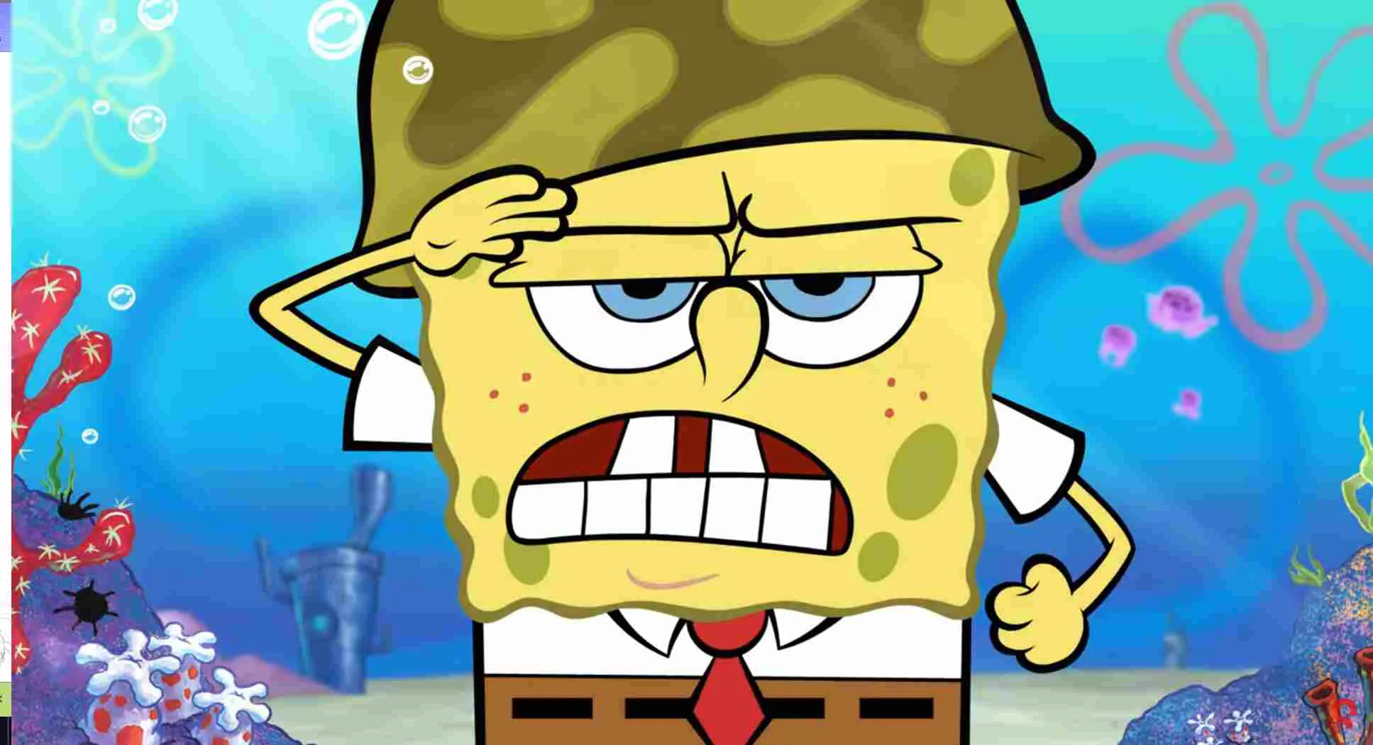 Ảnh 5 của Spongebob: Krusty Cook-Off Mod APK v5.6.2 (Vô Hạn Tiền) Mô tả: Spongebob đang cười tươi bên cạnh những món ăn ngon miệng được bày biện hấp dẫn