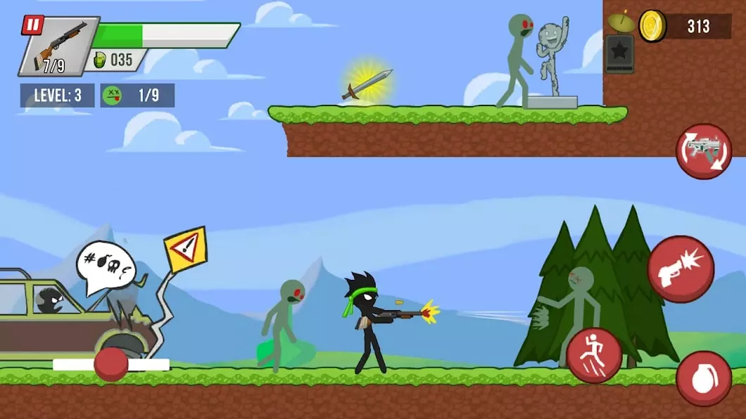 Ảnh 2 của Stickman vs Zombie Mod APK 1.5.12 (Bất tử, Mua sắm miễn phí) Nhân vật stickman chiến đấu trong bối cảnh thành phố hoang tàn