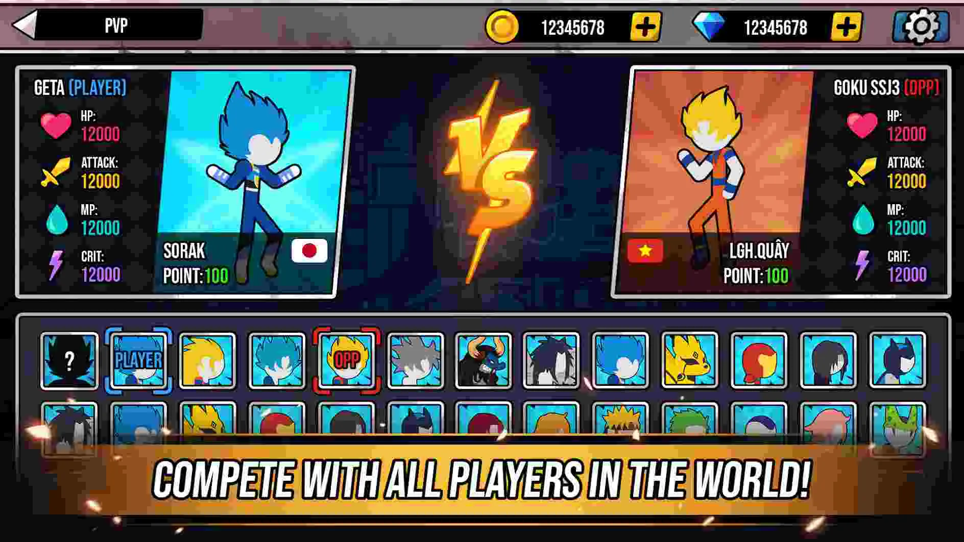 Ảnh 3 của Super Stickman Dragon Warriors Mod APK 0.8.4 (Menu, Coins) Giao diện chọn nhân vật của Super Stickman Dragon Warriors Mod