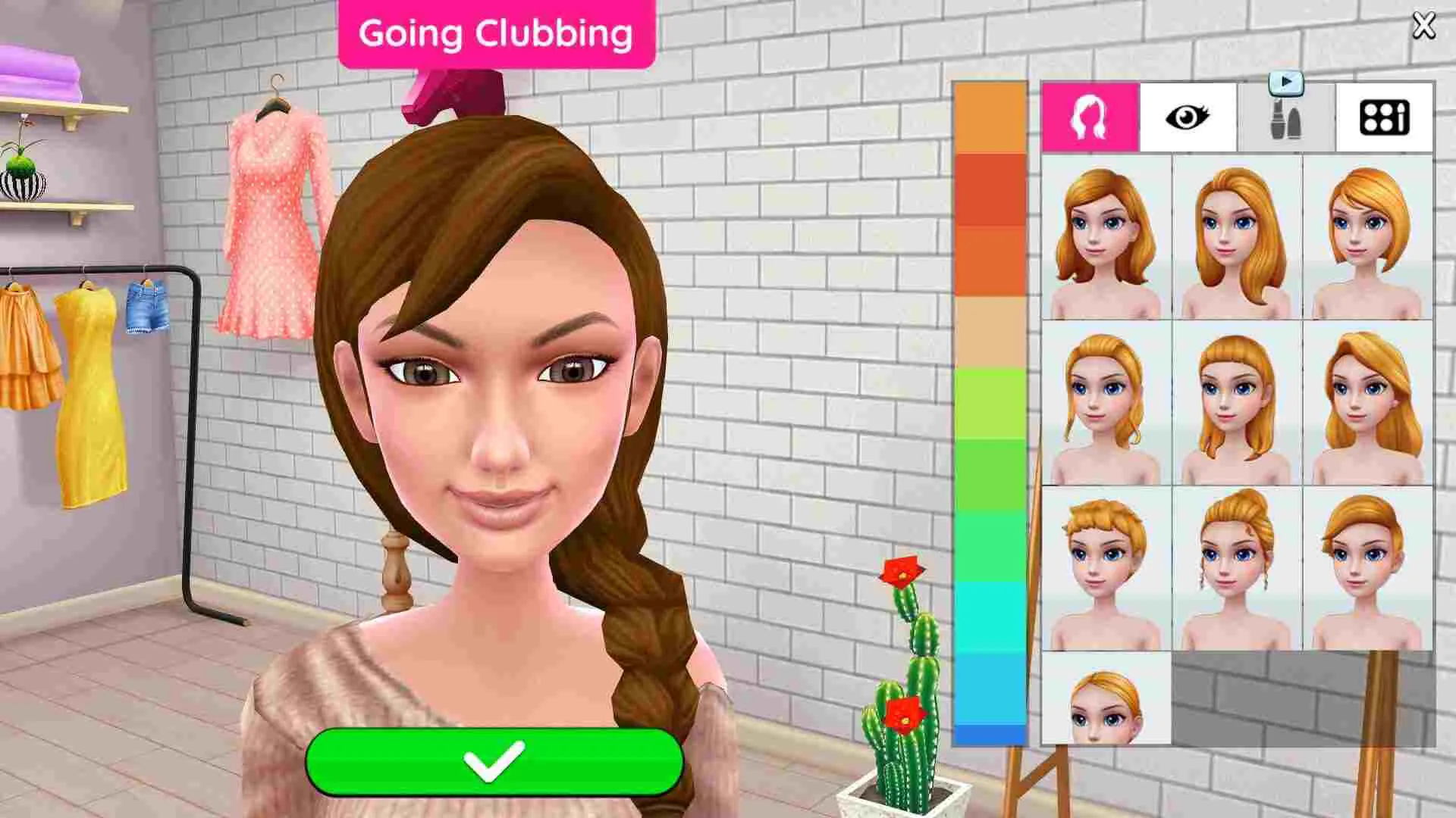 Ảnh 3 của Tải game Super Stylist Mod APK v3.4.00 (Menu, Vô Hạn Tiền) Alt text mô tả giao diện lựa chọn trang phục và phụ kiện trong game