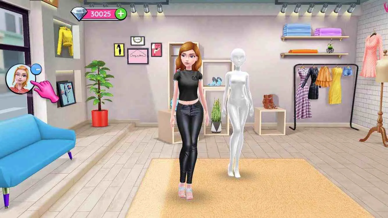 Ảnh 4 của Tải game Super Stylist Mod APK v3.4.00 (Menu, Vô Hạn Tiền) Alt text mô tả một cảnh nhân vật đang làm việc trong studio thời trang