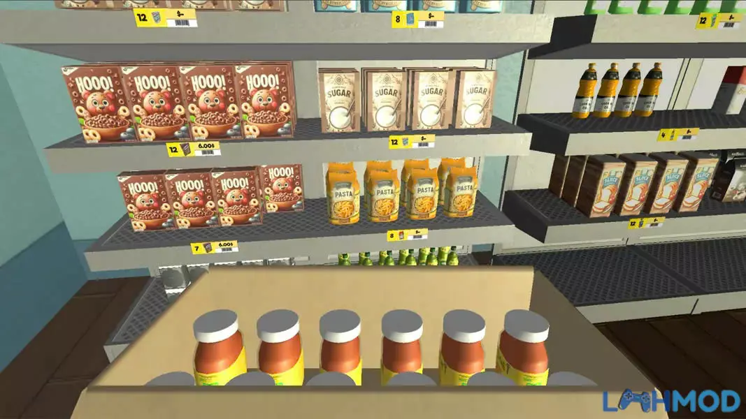 Ảnh 2 của Tải Hack Supermarket Simulator Apk v2.7.2 (Vô Hạn Tiền) Dành Cho Android Người chơi đang sắp xếp hàng hóa lên kệ trong Supermarket Simulator Apk