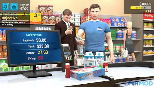 Ảnh 4 của Tải Hack Supermarket Simulator Apk v2.7.2 (Vô Hạn Tiền) Dành Cho Android Khách hàng đang mua sắm tại cửa hàng, một nhân viên đang hỗ trợ