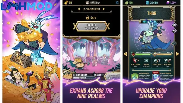 Ảnh 2 của Viking Gods MOD APK 1.0.3 (Vô hạn tiền) Android iOS Giao diện game Viking Gods với cảnh người chơi đang xây dựng và nâng cấp