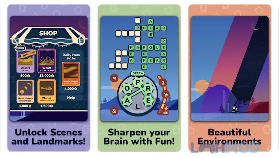 Ảnh 2 của Tải Word Horizons Apk 1.4 cho Android iOs Người chơi đang giải ô chữ trên giao diện game Word Horizons, xung quanh là cảnh quan thiên nhiên đẹp mắt