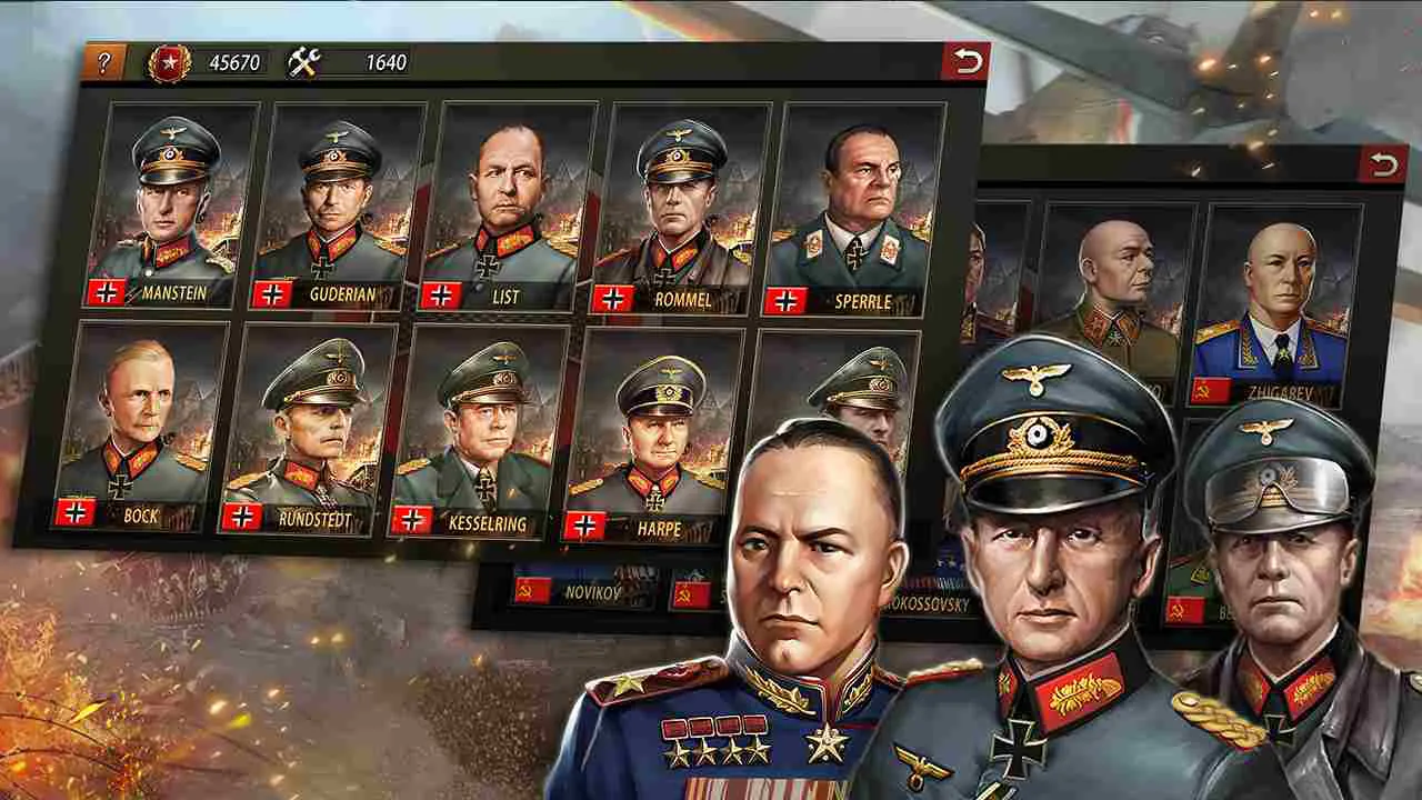 Ảnh 3 của Tải game World War 2: WW2 Strategy Game Mod APK 419 (Vô Hạn Tiền) Giao diện chọn tướng hoặc đơn vị quân đội trong game