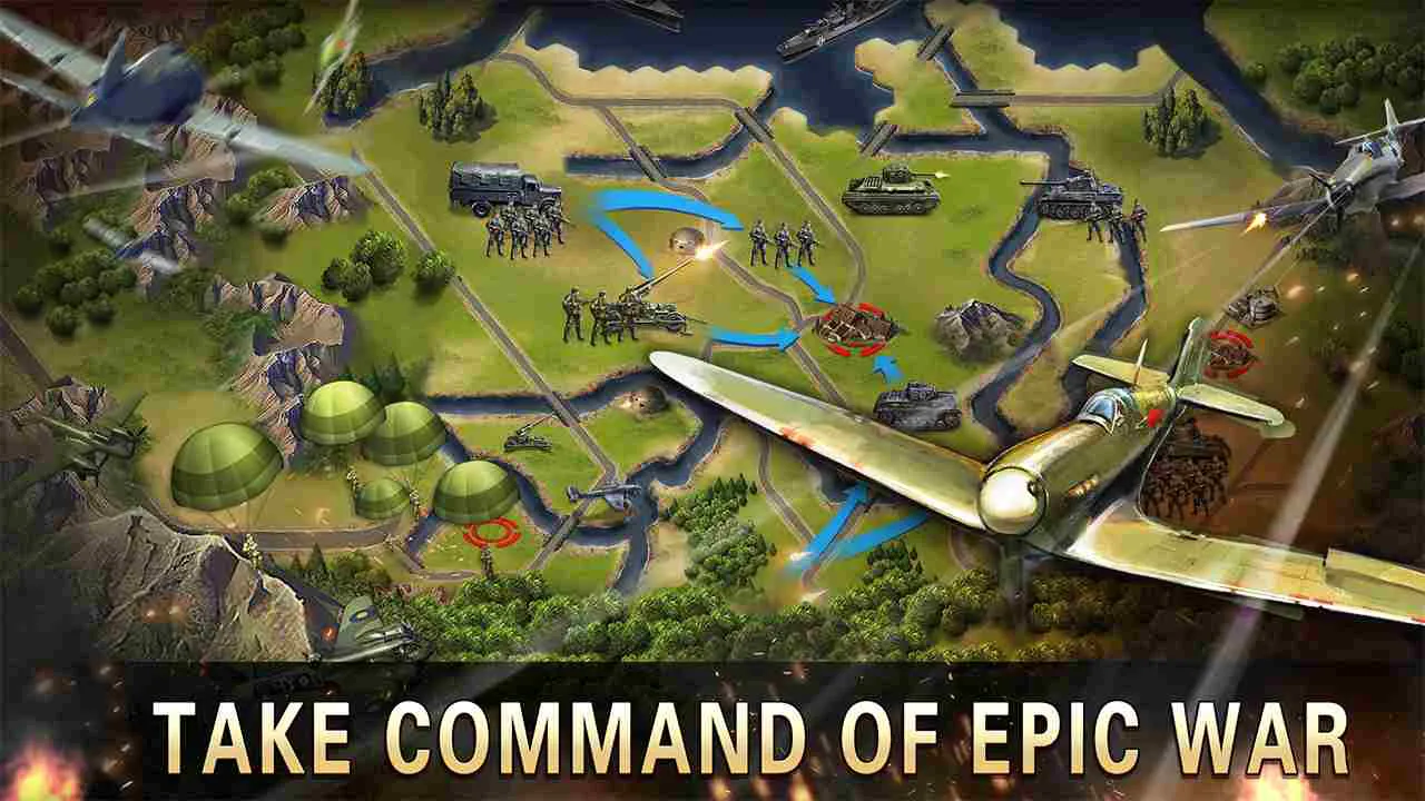 Ảnh 4 của Tải game World War 2: WW2 Strategy Game Mod APK 419 (Vô Hạn Tiền) Cảnh chiến đấu xe tăng và bộ binh trên bản đồ