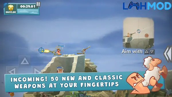 Ảnh 3 của Worms W.M.D: Mobilize MOD APK 1.2.809093 (Trò chơi đầy đủ) Một con sâu đang chuẩn bị bắn vũ khí trong Worms W.M.D: Mobilize MOD