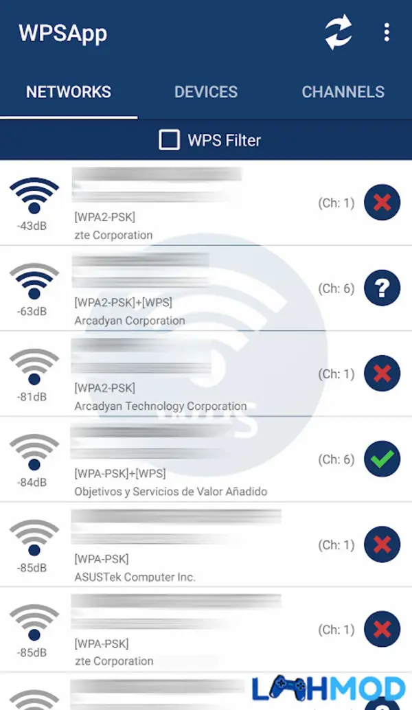 Giao diện WPSApp hiển thị danh sách các mạng wifi khả dụng