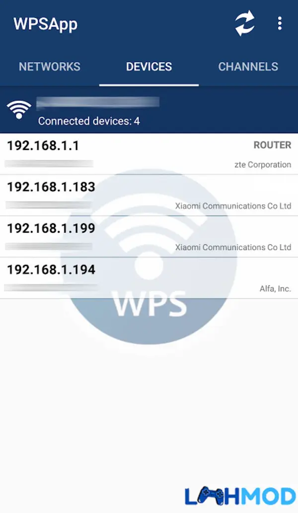 Màn hình WPSApp hiển thị trạng thái bảo mật của mạng wifi bằng biểu tượng tích xanh và đỏ
