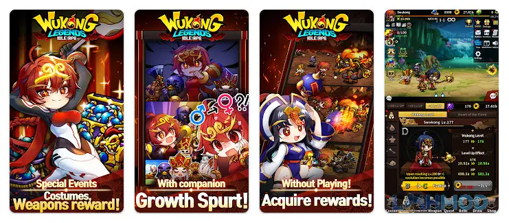 Ảnh 4 của Tải WuKong Legends Idle RPG Mod Apk 1.0.47 (Damage, Attack, Movement Speed) cho Android iOs Ngộ Không trong một bộ trang phục tùy chỉnh, đứng cùng những người bạn đồng hành