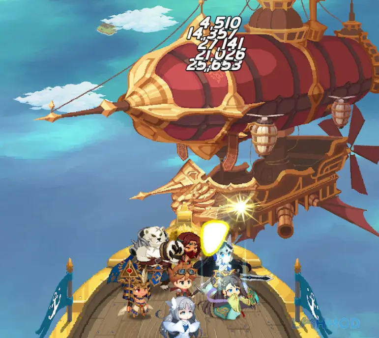 Ảnh 8 của Tải Airship Knights Mod Apk 1.2.12 (Full Game) cho Android iOs Phi thuyền Airship Knights đang bay qua một thành phố trên mây