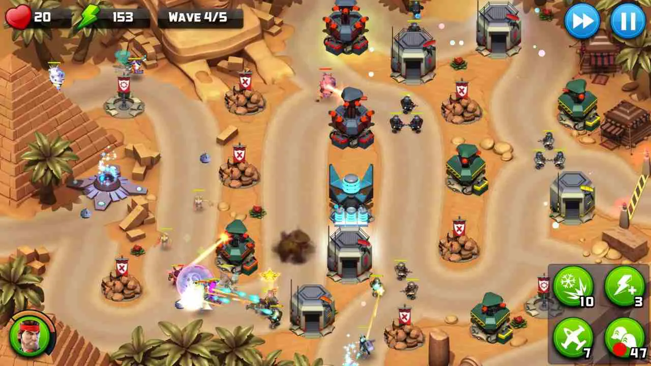 Ảnh 1 của Tải game Alien Creeps TD Mod APK 2.32.0 (Menu, Vô Hạn Tiền) Một cảnh tượng giao tranh khốc liệt giữa các tháp phòng thủ và quái vật ngoài hành tinh