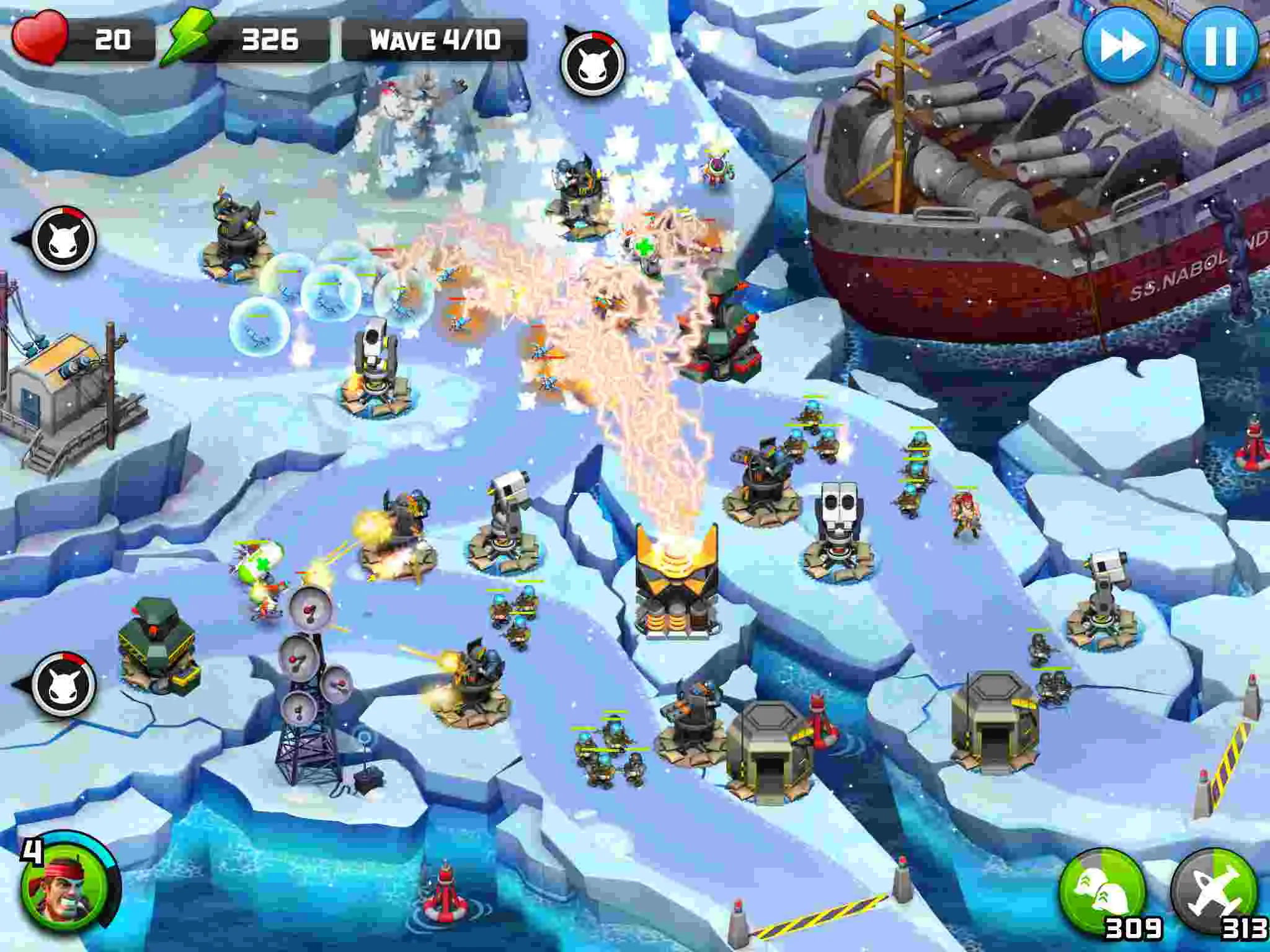 Ảnh 3 của Tải game Alien Creeps TD Mod APK 2.32.0 (Menu, Vô Hạn Tiền) Cảnh tượng một thành phố đang bị tấn công bởi những con quái vật bay và các tháp phòng thủ bắn trả quyết liệt