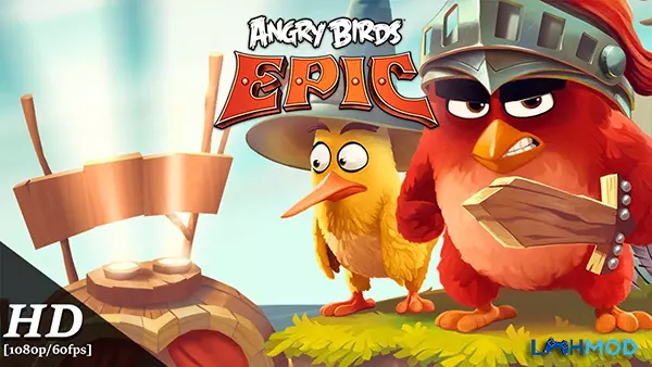 Ảnh 1 của Tải Angry Birds Epic MOD APK 3.0.27463.4821 (Vô hạn tiền) Android iOS Alt text: Hình ảnh chú chim Red trong trang bị hiệp sĩ đang chiến đấu với lợn xanh