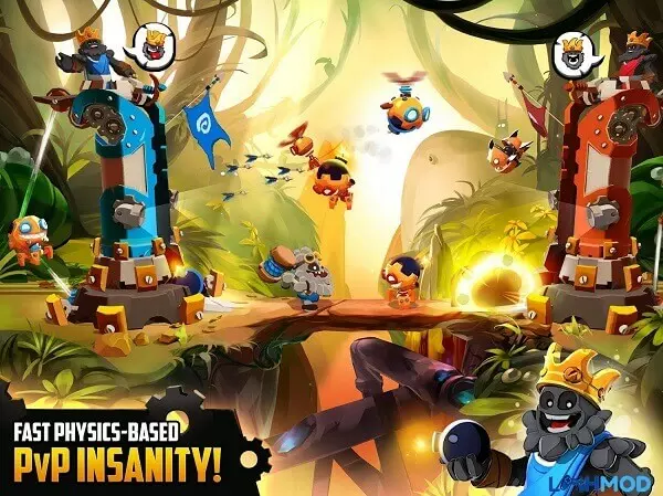 Ảnh 2 của Badland Brawl Mod Apk 3.0.0.1 (Hack được mở khóa đầy đủ) Android Giao diện chiến đấu trong Badland Brawl Mod với hai tòa thành và các Clony đang di chuyển