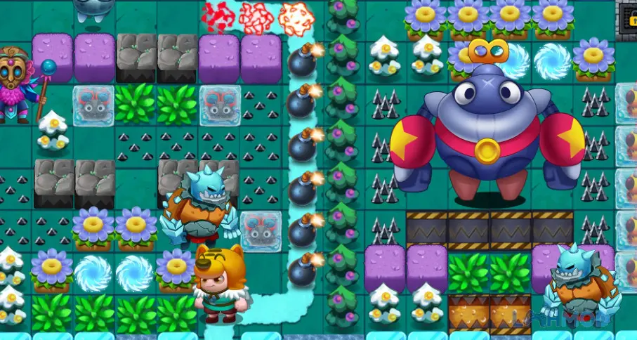 Ảnh 3 của Tải Bomb Man Legend Mod Apk v1.33.4 (Full Vàng) cho Android iOs Nhân vật game Bomb Man Legend đang di chuyển giữa các chướng ngại vật