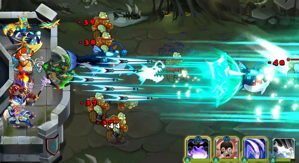 Ảnh 1 của Tải Castle Defender Mod Apk 2.0.3 (Vô Hạn Tiền) cho Android iOs Cảnh gameplay Castle Defender với tháp phòng thủ và kẻ địch