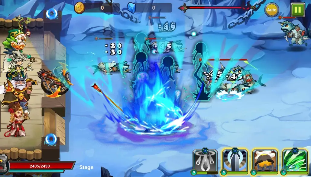Ảnh 3 của Tải Castle Defender Mod Apk 2.0.3 (Vô Hạn Tiền) cho Android iOs Một màn hình gameplay Castle Defender hiển thị các anh hùng và kỹ năng
