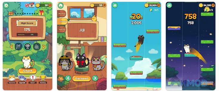 Ảnh 2 của Tải Cat Friends Jumping Away Mod Apk 1.0.12 (Vô hạn tiền) cho Android iOs Chú mèo dễ thương đang nhảy và thu thập vật phẩm trên màn hình