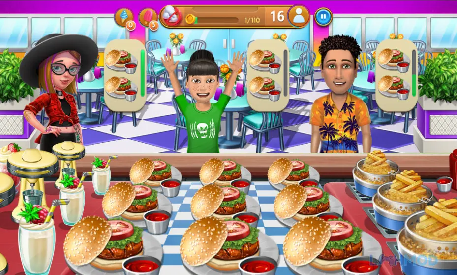 Ảnh 2 của Tải Cook Off Mod Apk 1.42.3 (Vô Hạn Chef Hats/Lives) cho Android iOs Giao diện gameplay Cook Off Mod với nhà bếp và các món ăn đang được chuẩn bị