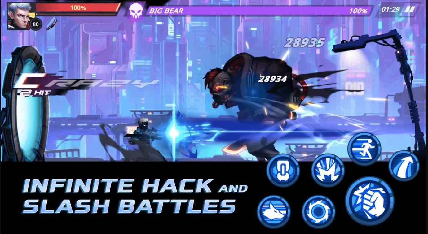 Ảnh 2 của Cyber Fighters Mod APK 1.11.68 (Menu, Tiền, Sát Thương, Mua sắm, Bất tử) Chiến binh Cyber Fighters đang chiến đấu giữa bầy kẻ địch