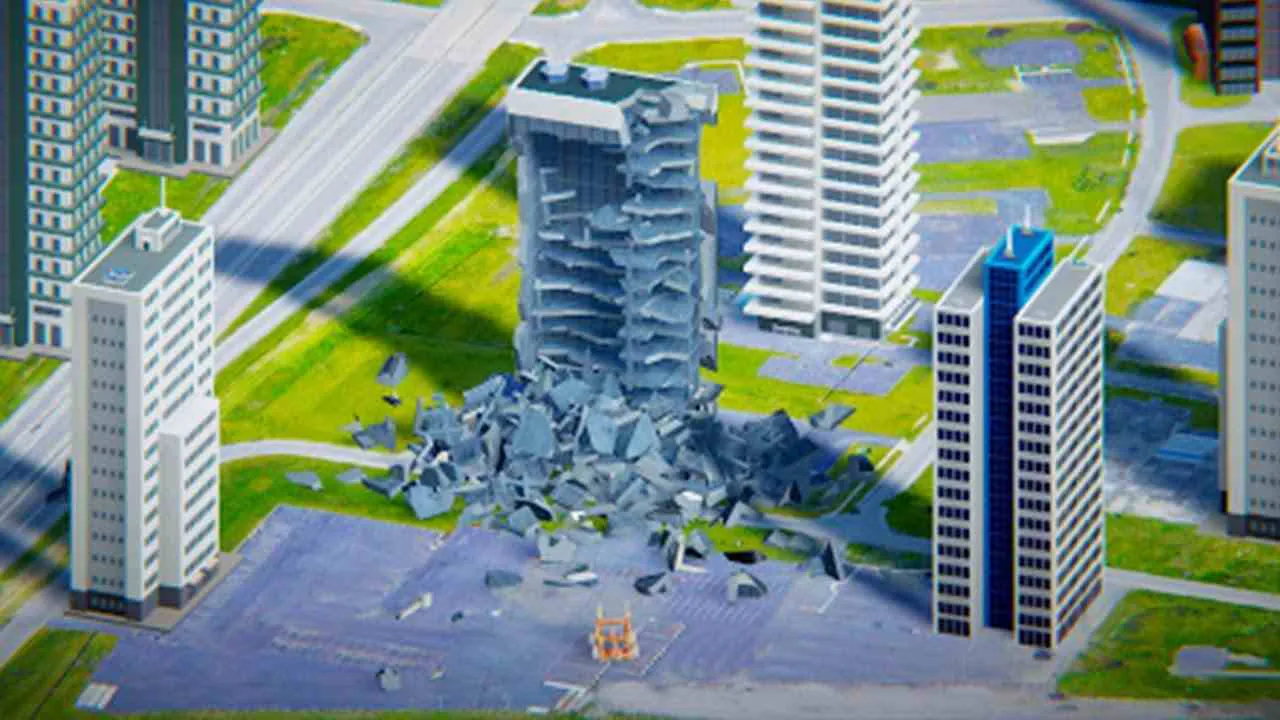 Ảnh 2 của Demolish MOD APK 2.41 (Vô Hạn Shell, Không QC) Toàn cảnh một tòa nhà cao tầng đang bị phá hủy trong game Demolish Mod