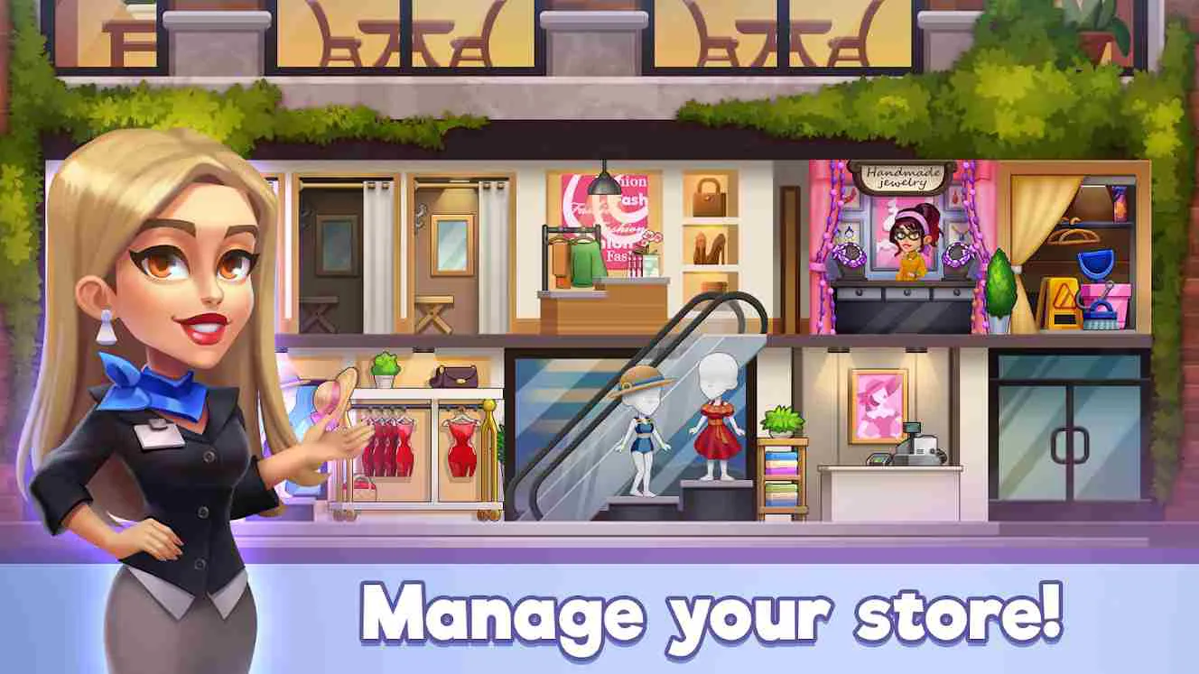 Ảnh 3 của Tải game Fashion Shop Tycoon Mod APK 1.10.4 (Vô Hạn Tiền) Olivia chào đón khách hàng trong cửa hàng