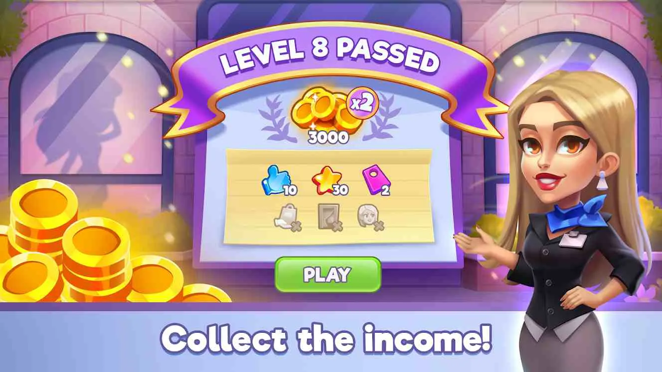Ảnh 5 của Tải game Fashion Shop Tycoon Mod APK 1.10.4 (Vô Hạn Tiền) Màn hình hoàn thành cấp độ và thu nhập