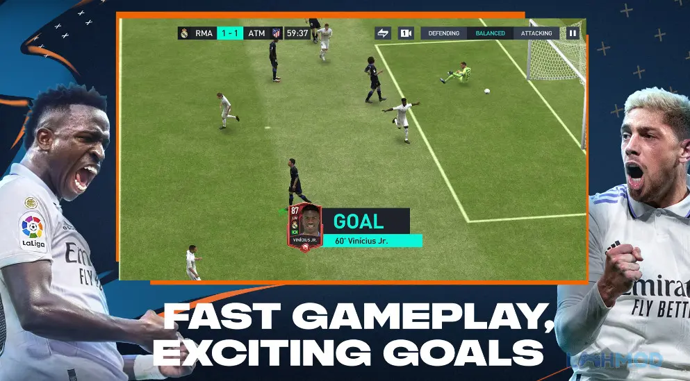 Ảnh 2 của Fifa mobile Mod Apk (Menu, Đối Thủ Ngáo, Kết Thúc Trận) v26.0.01 Giao diện trận đấu trong FIFA Mobile Mod, hiển thị cầu thủ trên sân