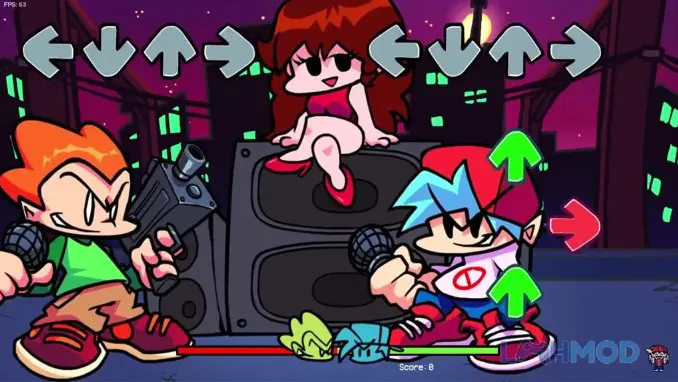 Ảnh 1 của Tải Friday Night Funkin Mod Apk v2.0 (Không quảng cáo) Android iOs Giao diện trò chơi Friday Night Funkin với các mũi tên nhịp điệu trên màn hình