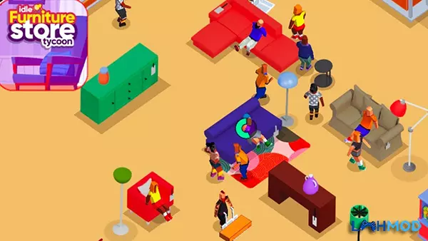 Ảnh 2 của Tải Furniture Store Tycoon MOD APK 1.0.65 (Vô hạn tiền) Android iOS Giao diện chính của Furniture Store Tycoon, hiển thị cửa hàng và khách hàng