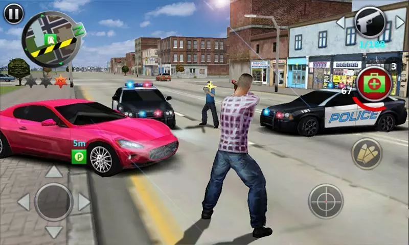 Ảnh 2 của Tải game Grand Gangsters 3D Mod APK 2.4 (Menu, Vô Hạn Tiền) Nhân vật chính đang đối đầu với nhiều cảnh sát trong Grand Gangsters 3D Mod