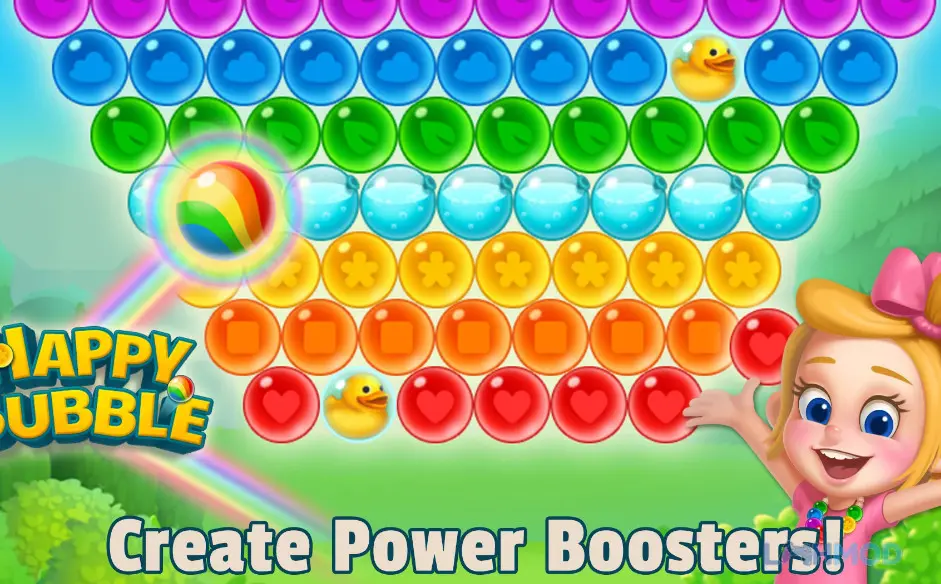 Ảnh 1 của Tải Happy Bubble Mod Apk 22.1209.00 (Auto thắng) cho Android iOs Màn hình chơi Happy Bubble: Shoot n Pop với những chú vịt con cần được giải cứu