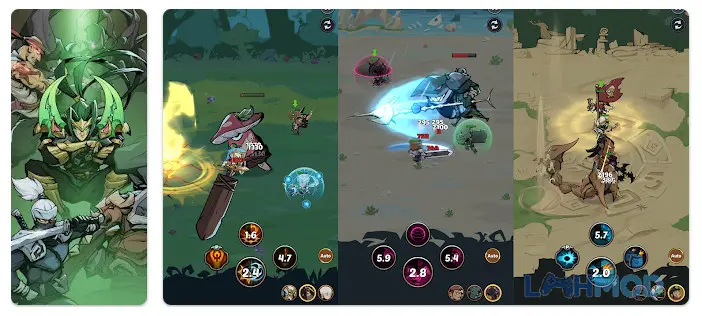 Ảnh 1 của Tải Hero Adventure Idle Raid RPG Mod Apk 36 (Mega Menu) cho Android iOs Alt text mô tả một đội anh hùng đang chiến đấu với quái vật trong Hero Adventure