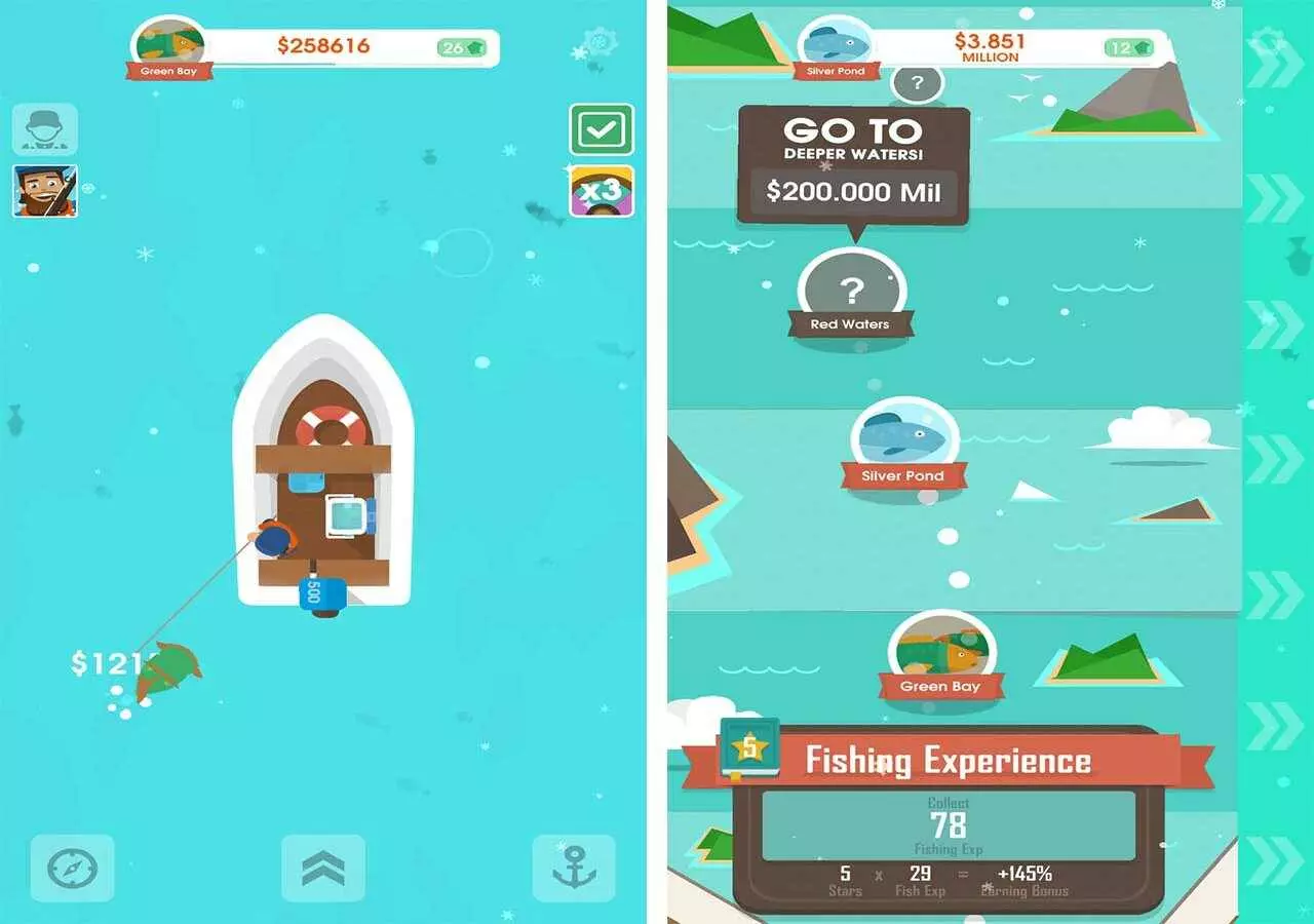 Ảnh 2 của Hooked Inc: Fisher Tycoon Mod APK 2.23.2 (Menu, Vô Hạn Tiền) Giao diện câu cá trong Hooked Inc Mod với thuyền và nhân vật