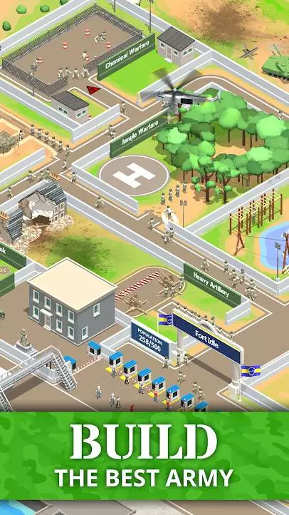 Ảnh 5 của Tải game Idle Army Base Mod APK 2.2.0 (Mua Sắm Miễn Phí) Cổng vào căn cứ quân sự với hàng dài tân binh trong Idle Army Base Mod
