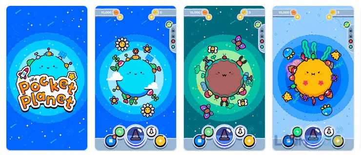Ảnh 2 của Tải Idle Pocket Planet Mod Apk 1.1.1 (Vô Hạn Sao) cho Android iOs Alt text mô tả cận cảnh một hành tinh với các khu vực xây dựng khác nhau