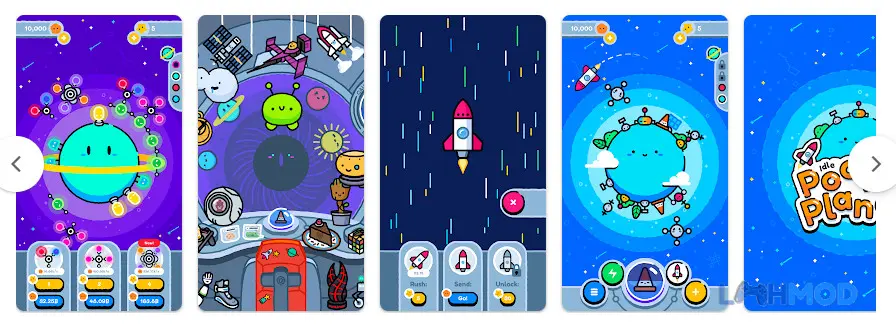 Ảnh 3 của Tải Idle Pocket Planet Mod Apk 1.1.1 (Vô Hạn Sao) cho Android iOs Alt text mô tả một khu định cư đầy màu sắc trên hành tinh trong Idle Pocket Planet