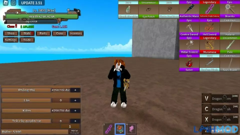 Ảnh 2 của Tải Hack King Legacy Update 6.0 Mới Nhất Giao diện gameplay của King Legacy MOD, hiển thị các yếu tố hành động và phiêu lưu