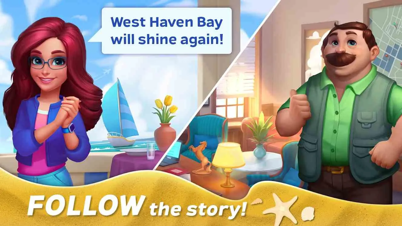 Ảnh 1 của Tải game Match Town Makeover Mod APK 1.24.2500 (Vô Hạn Tiền) Một thị trấn trên bờ biển đang được cải tạo