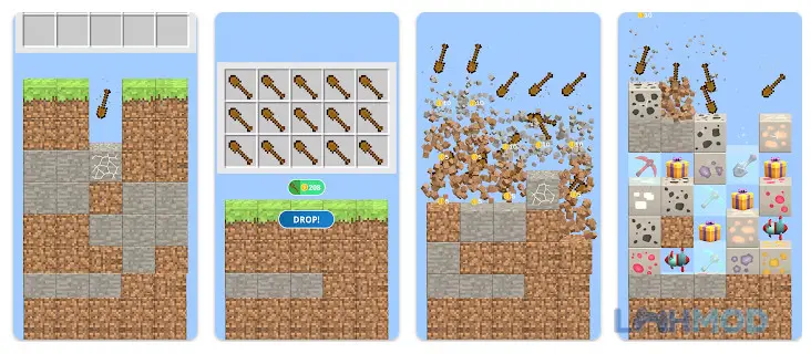 Ảnh 3 của Tải Merge Miners Mod Apk 1.5.1 (Vô Hạn Tiền) cho Android iOs Alt text mô tả màn hình game Merge Miners với các xẻng và cuốc chim được hợp nhất