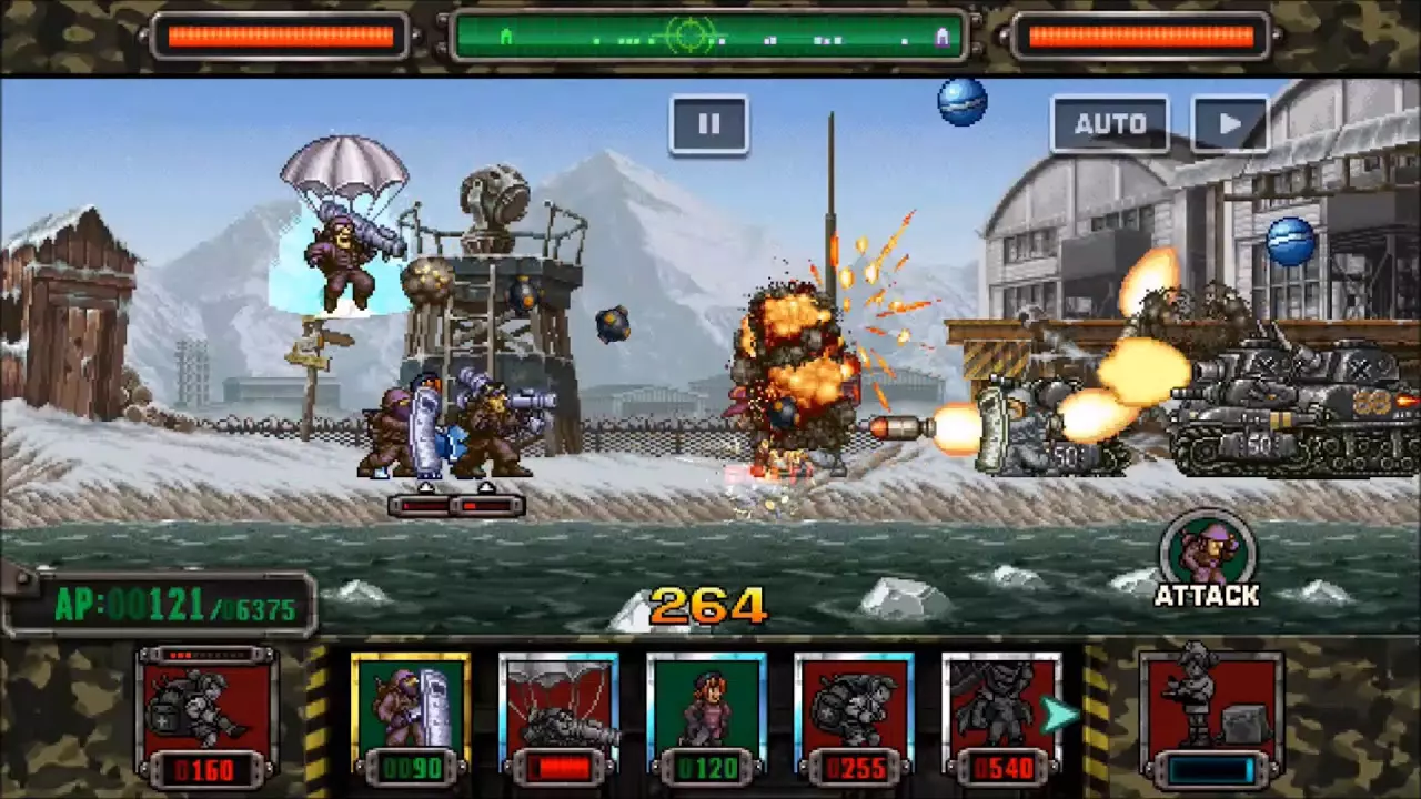 Ảnh 1 của Metal Slug Attack Mod APK 7.8.0 (Menu, Vô Hạn AP, Hồi Chiêu) Cảnh chiến đấu trong Metal Slug Attack Mod với xe tăng và binh lính đối đầu