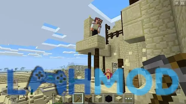 Ảnh 2 của Tải Minecraft Modpure Tiếng Việt (Full Tiền, Full Skin) v1.21.100.24 Người chơi cùng thú cưng đang đứng trước một công trình khối vuông được xây dựng tỉ mỉ