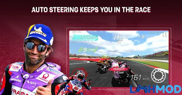 Ảnh 3 của Tải MotoGP Racing ’22 APK 8.0.8 cho Android iOS Góc nhìn cận cảnh một chiếc mô tô phân khối lớn đang tăng tốc trên đường