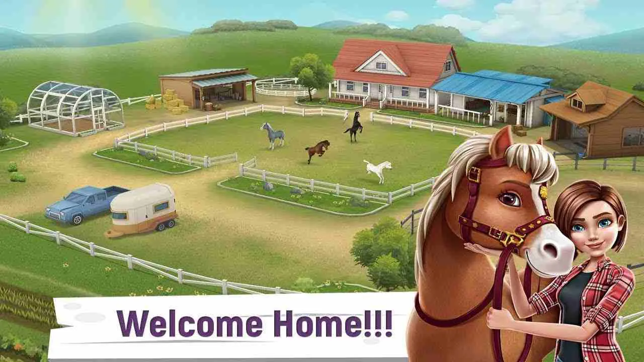 Ảnh 1 của My Horse Stories Mod APK 1.6.8 (Vô Hạn Tiền) Một cô gái đang cưỡi ngựa tham gia đường đua chuyên nghiệp