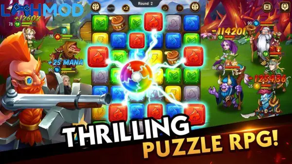 Ảnh 1 của Tải MythWars & Puzzles APK 2.3.4.3 cho Android iOS Giao diện chiến đấu của MythWars & Puzzles với các ô ghép 3 và anh hùng