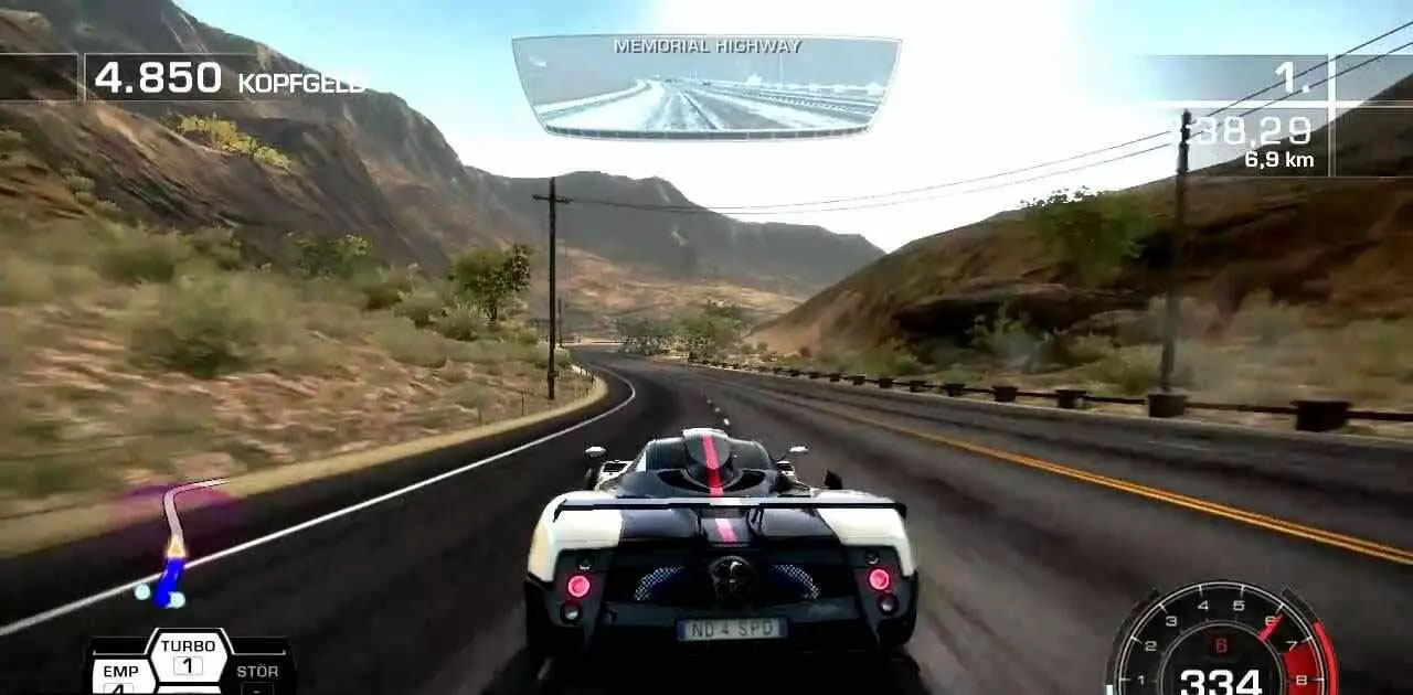 Ảnh 5 của Tải game Need for Speed Hot Pursuit Mod APK 2.0.28 (Mở Khoá Tất Cả Xe Ô Tô) Góc nhìn từ phía sau xe, cho thấy đồ họa môi trường chi tiết của Need for Speed