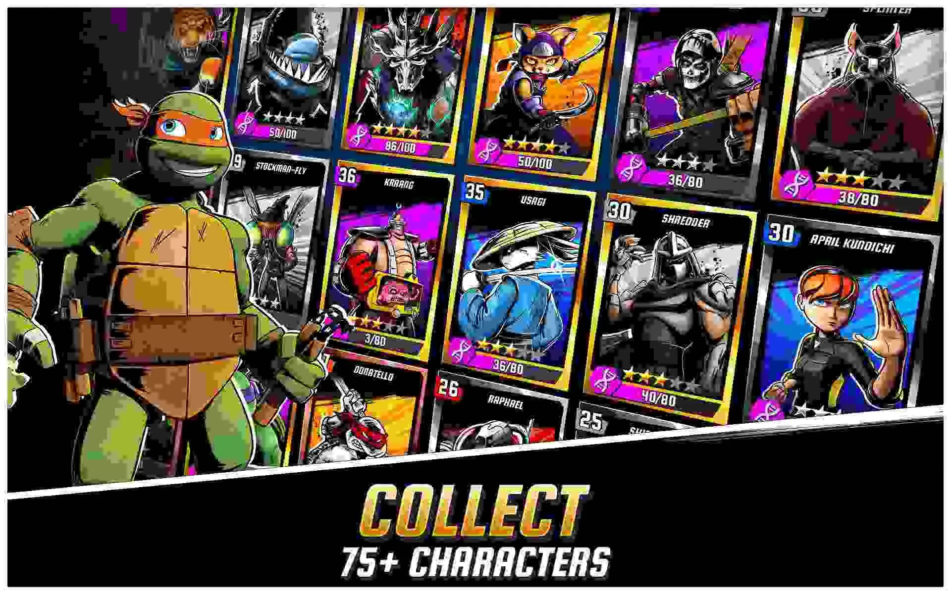 Ảnh 2 của Tải Ninja Turtles Mod APK 1.23.3 (Vô Hạn Tiền/Max Level) Đội hình các nhân vật Ninja Rùa sẵn sàng chiến đấu