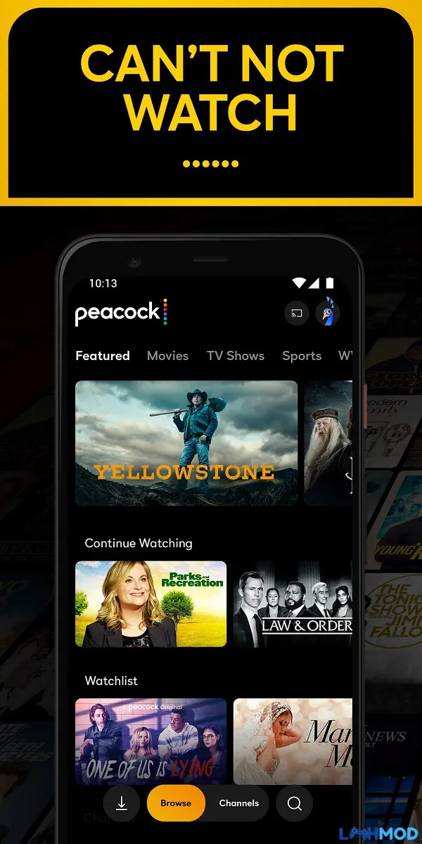 Ảnh 2 của Tải Peacock TV Mod Apk 3.4.11 (Đã mở khóa Premium) Android, IOS Giao diện chính của Peacock TV hiển thị các chương trình và phim ảnh